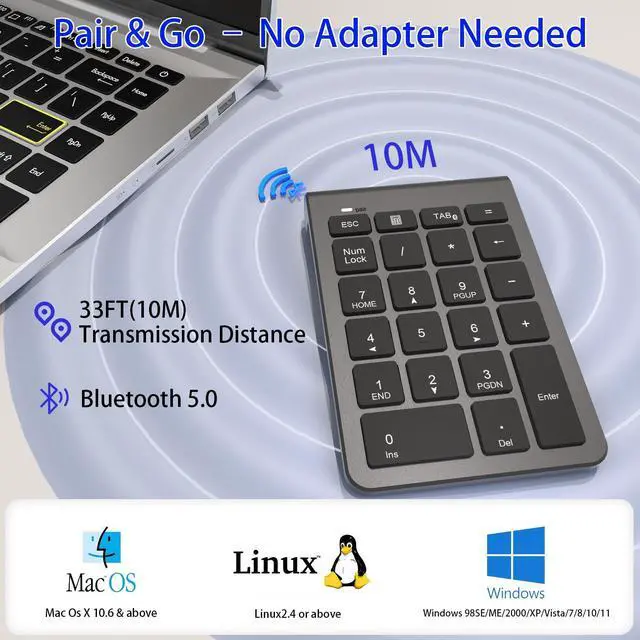 Alt view image 3 of 5 - Bluetooth Number Pad, Wireless Numeric Keypad with 22 Keys - Portable Numpad for Laptop/Desktop/MacBook/Surface Pro/Windows/Android/iOS - Quiet Keys 33ft Range & Ergonomic Design
