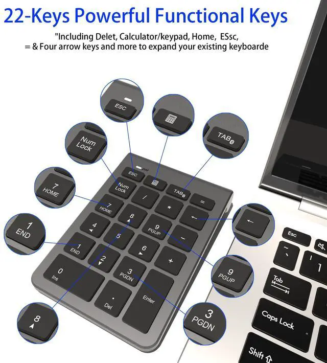 Alt view image 2 of 5 - Bluetooth Number Pad, Wireless Numeric Keypad with 22 Keys - Portable Numpad for Laptop/Desktop/MacBook/Surface Pro/Windows/Android/iOS - Quiet Keys 33ft Range & Ergonomic Design