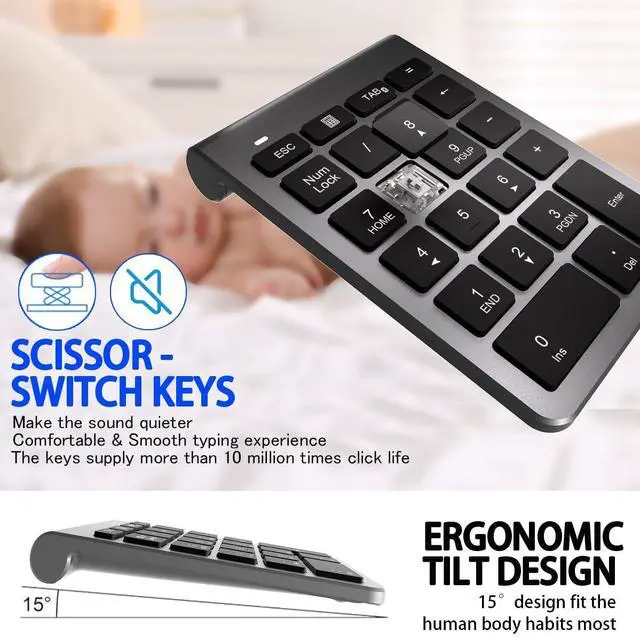 Alt view image 4 of 5 - Bluetooth Number Pad, Wireless Numeric Keypad with 22 Keys - Portable Numpad for Laptop/Desktop/MacBook/Surface Pro/Windows/Android/iOS - Quiet Keys 33ft Range & Ergonomic Design