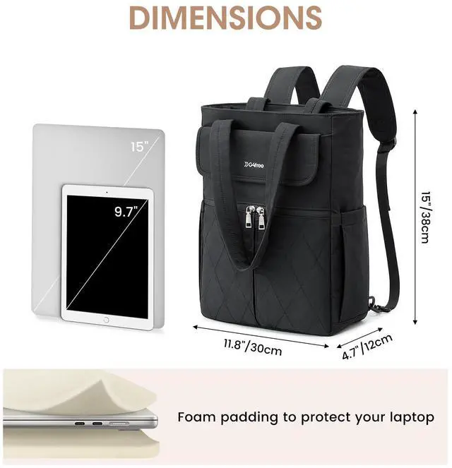 Alt view image 4 of 5 - G4Free 2 in 1 Tote Backpack Fits 15" Laptop, Women Bag Daypack for College, Work, Teacher, Nurse -Black