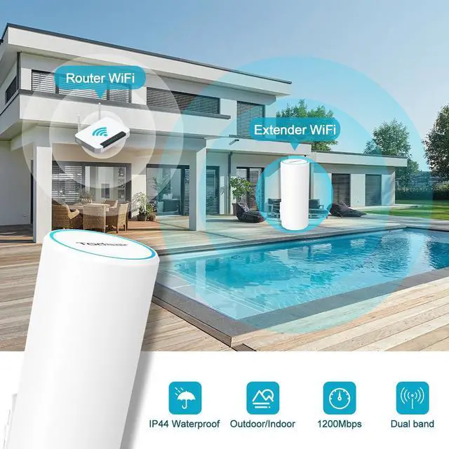 Alt view image 2 of 5 - AC1200 Outdoor WiFi Extender, 2-Minute Quick Pairing, Dual-Band,AP&Repeater,Up to 85 m,65 Devices, One Ethernet Port (RJ45)Home Signal Booster
