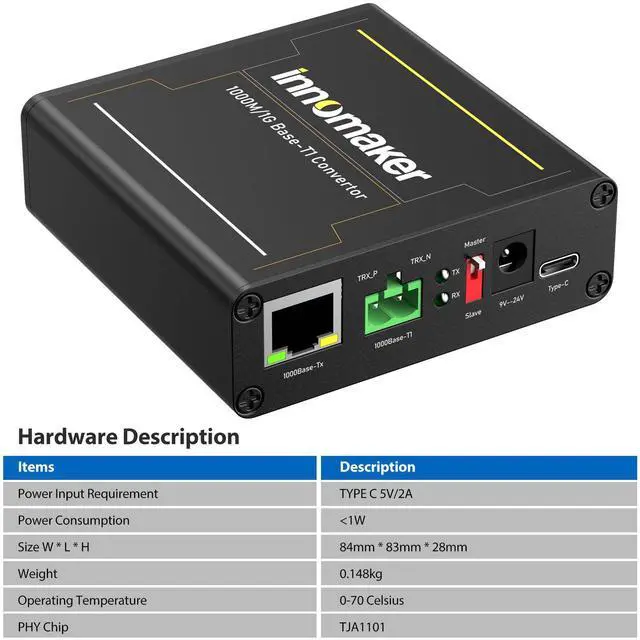 Alt view image 2 of 5 - 1000BASE Ethernet Media Converter, 2-Wire Ethernet 1000BASE-T1 to 1000BASE-TX, Automotive IEEE 1000BASE-T1 Compliant with OLED Screen