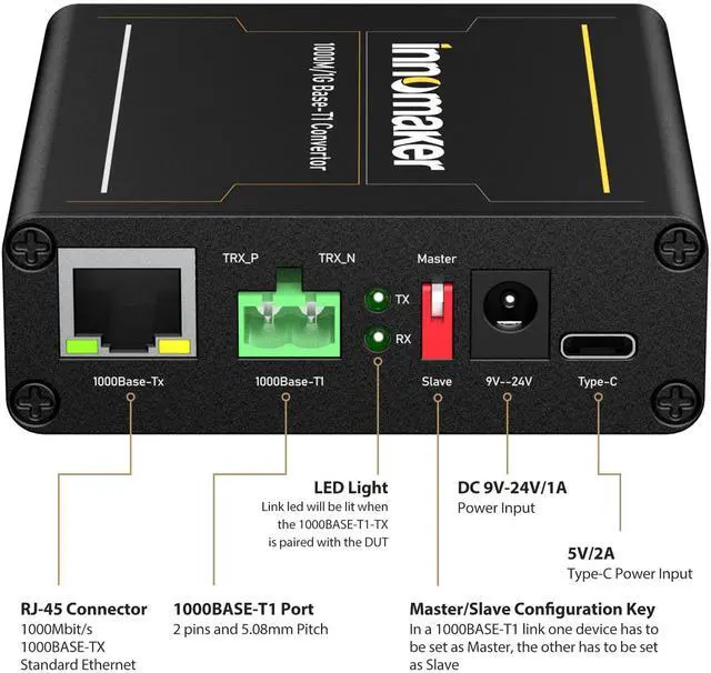 Alt view image 3 of 5 - 1000BASE Ethernet Media Converter, 2-Wire Ethernet 1000BASE-T1 to 1000BASE-TX, Automotive IEEE 1000BASE-T1 Compliant with OLED Screen
