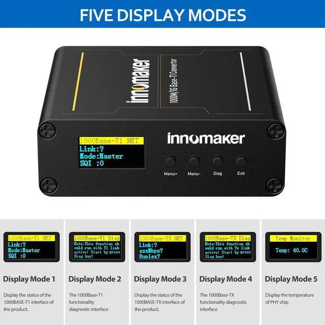 Alt view image 4 of 5 - 1000BASE Ethernet Media Converter, 2-Wire Ethernet 1000BASE-T1 to 1000BASE-TX, Automotive IEEE 1000BASE-T1 Compliant with OLED Screen