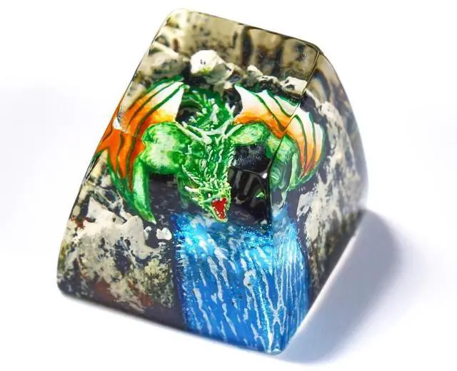Main image of GIKZO Green Dragon with Waterfall Artisan Keycap R1 SA Profile Custom Fantasy Dragon Keycaps 1U ESC Handmade Gaming Resin Key Cap Cherry MX Switch Compatible Mechanical Keyboard Gift for Dragon Lover