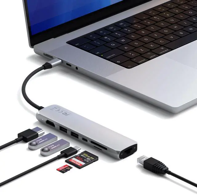 Main image of Satechi 7 in 1 USB C Hub Multiport Adapter with Ethernet, HDMI 4K@60Hz, 100W PD Charging, 2X USB-A Data Ports, Micro/SD Card Readers for MacBook Air/Pro M4, iPad, Windows - Silver