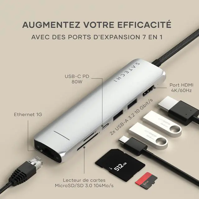 Alt view image 2 of 3 - Satechi 7 in 1 USB C Hub Multiport Adapter with Ethernet, HDMI 4K@60Hz, 100W PD Charging, 2X USB-A Data Ports, Micro/SD Card Readers for MacBook Air/Pro M4, iPad, Windows - Silver