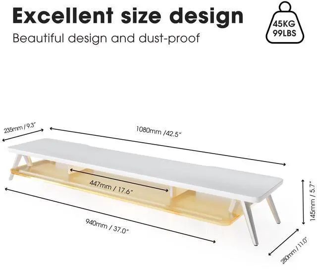 Alt view image 2 of 5 - Fenge Dual Monitor Stand for Desk, 2 Tiers Monitor Riser with Acrylic Shelf & App Control LED Lights, 42.5 Inch Wood and Aluminum Desk Shelf with Phone and Tablet Holder