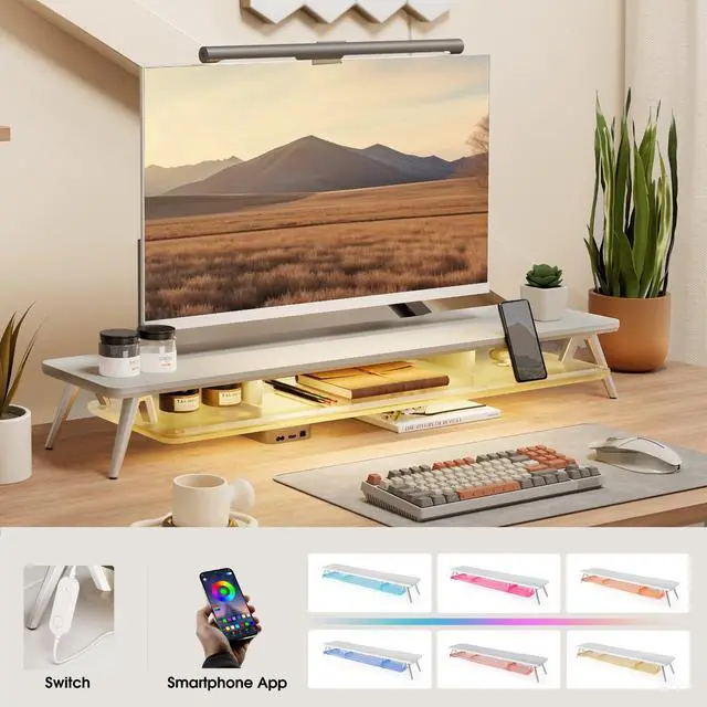 Alt view image 3 of 5 - Fenge Dual Monitor Stand for Desk, 2 Tiers Monitor Riser with Acrylic Shelf & App Control LED Lights, 42.5 Inch Wood and Aluminum Desk Shelf with Phone and Tablet Holder