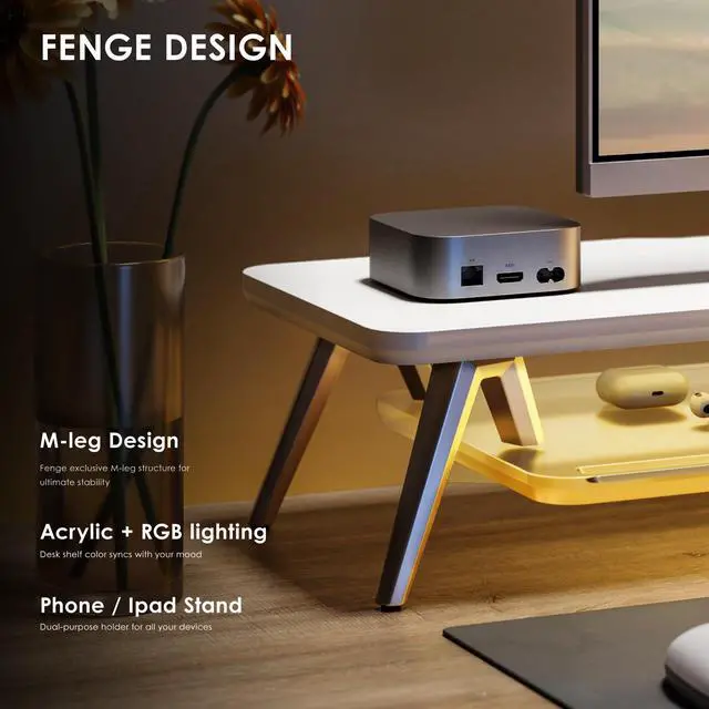 Alt view image 4 of 5 - Fenge Dual Monitor Stand for Desk, 2 Tiers Monitor Riser with Acrylic Shelf & App Control LED Lights, 42.5 Inch Wood and Aluminum Desk Shelf with Phone and Tablet Holder