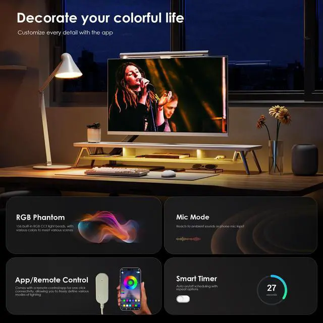 Alt view image 5 of 5 - Fenge Dual Monitor Stand for Desk, 2 Tiers Monitor Riser with Acrylic Shelf & App Control LED Lights, 42.5 Inch Wood and Aluminum Desk Shelf with Phone and Tablet Holder