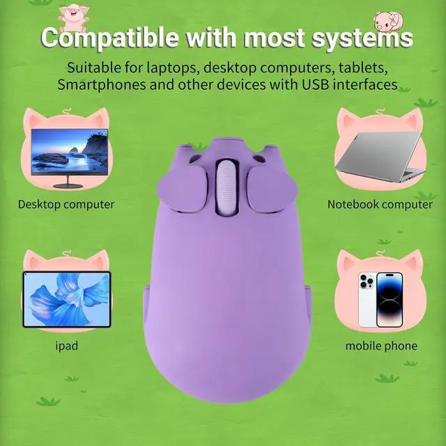Alt view image 3 of 5 - elec Space Cute Pig Design Wireless Mouse Dual Mode Bluetooth & USB Mouse, Silent Operation, Ergonomic, Perfect for Laptops & PCs, Ideal Gift for Animal Lovers and Family(Purple)