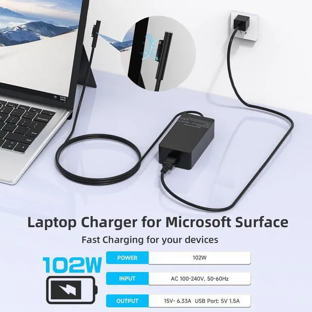 Alt view image 4 of 5 - 102W 15V 6.33A Surface Laptop Charger for Microsoft Surface Book 2/3, Surface Laptop 2/3/4/5, Surface Pro 5/6 /7/8/9, Surface Go 2/3 Power Supply with USB 5V 1.5A
