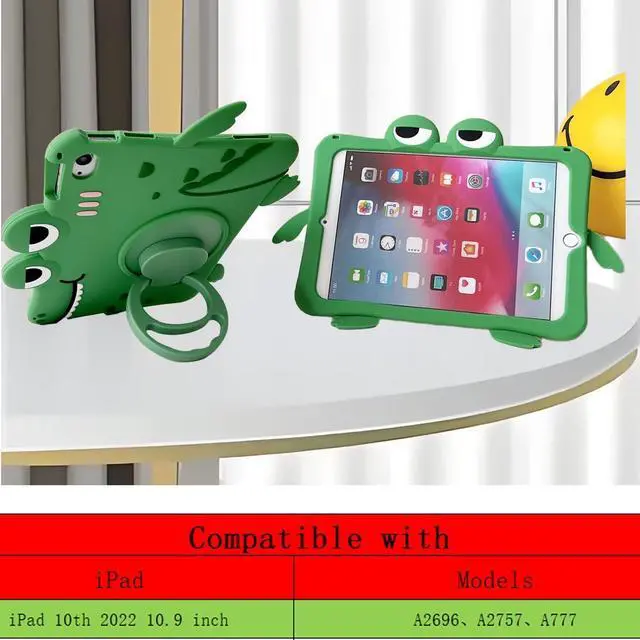 Alt view image 2 of 5 - Green Dinosaur Kids Case with Strap for iPad 10th Generation 10.9 inch 2022,3D Kawaii Cute Cool 360 Rotation Kickstand Dinosaur Kids Girls Boys Women Soft Silicone Case with Cat Kickstand