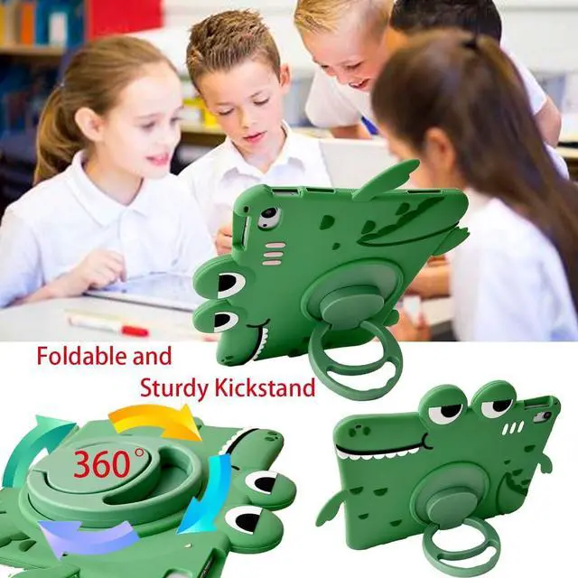 Alt view image 3 of 5 - Green Dinosaur Kids Case with Strap for iPad 10th Generation 10.9 inch 2022,3D Kawaii Cute Cool 360 Rotation Kickstand Dinosaur Kids Girls Boys Women Soft Silicone Case with Cat Kickstand