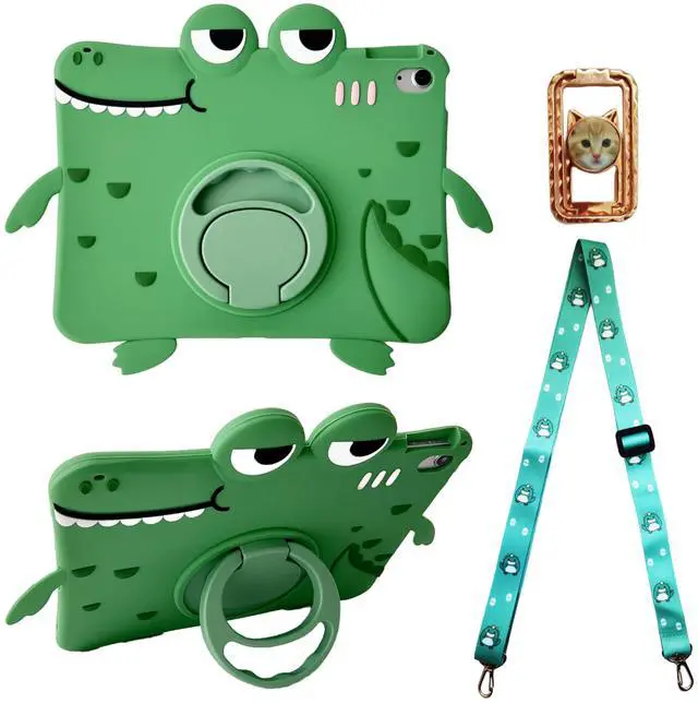 Main image of Green Dinosaur Kids Case with Strap for iPad 10th Generation 10.9 inch 2022,3D Kawaii Cute Cool 360 Rotation Kickstand Dinosaur Kids Girls Boys Women Soft Silicone Case with Cat Kickstand