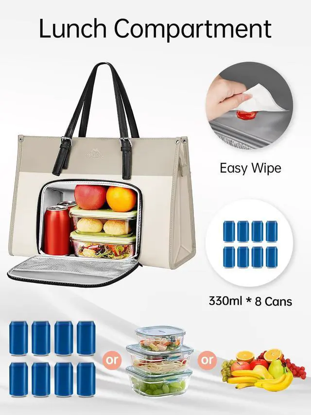 Alt view image 2 of 5 - MATEIN Laptop Work Bag with Lunch Compartment, 15.6 Inch Laptop Handbags for Women, PU Leather Briefcase with Leakproof Lunch Box, Large Capcity Business Professional Tote for Teacher, Beige Brown