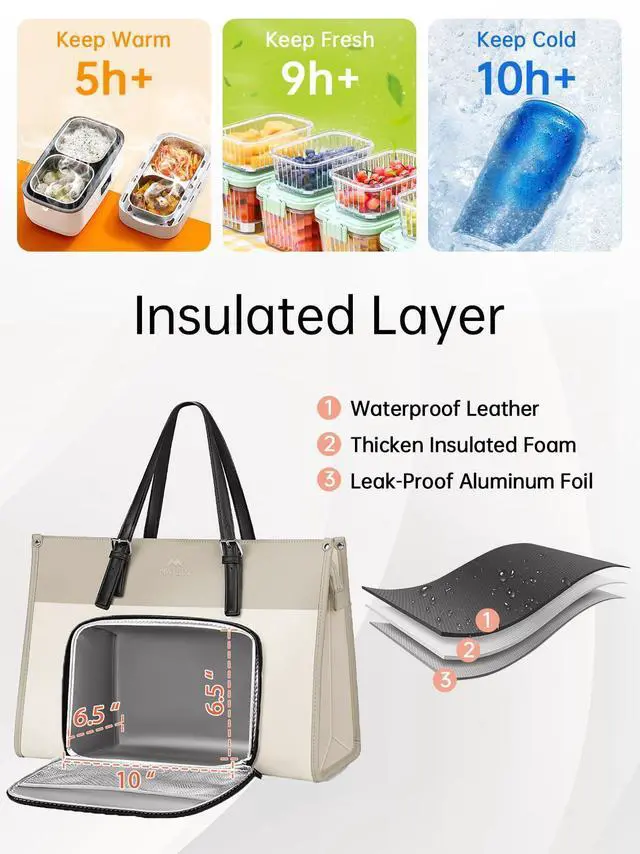 Alt view image 3 of 5 - MATEIN Laptop Work Bag with Lunch Compartment, 15.6 Inch Laptop Handbags for Women, PU Leather Briefcase with Leakproof Lunch Box, Large Capcity Business Professional Tote for Teacher, Beige Brown