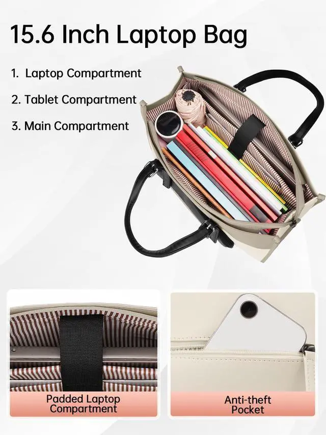 Alt view image 4 of 5 - MATEIN Laptop Work Bag with Lunch Compartment, 15.6 Inch Laptop Handbags for Women, PU Leather Briefcase with Leakproof Lunch Box, Large Capcity Business Professional Tote for Teacher, Beige Brown
