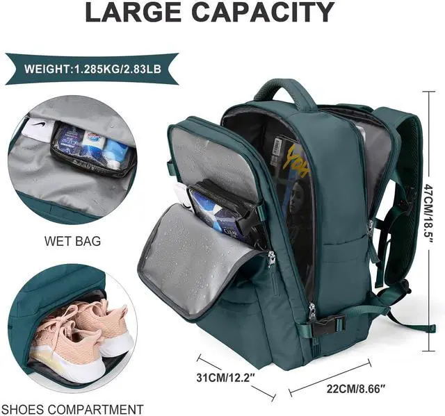 Alt view image 3 of 5 - Large Travel Backpack Women, Carry On Backpack,Hiking Backpack Waterproof Outdoor Sports Rucksack Casual Daypack with USB Charging Port Shoes Compartment, Dark Blue