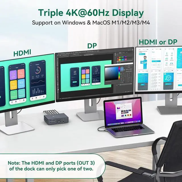 Alt view image 2 of 5 - JCYMELE Thunderbolt Docking Station 3 Monitors 4K@60Hz for M1 M2 M3 M4 MacBook Pro/Air with DisplayLink Technology, 19 in 1 USB C Dock with 2 HDMI & 2 DisplayPort, PD 100W, QC 18W, USB 3.2 10 Gbps