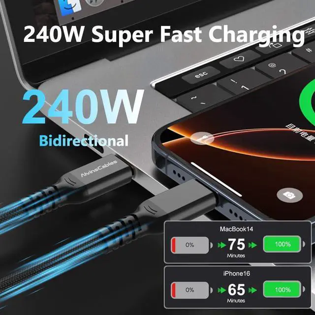 Alt view image 3 of 5 - Alvin's Cables Thunderbolt 5 Cable, 2ft USB-C to USB-C Cable 120Gbps Bandwidth 240W PD Fast Charging 16K Display, Compatible with Thunderbolt 4/3,USB4, for MacBook,eGPU,Dock, Intel Certified