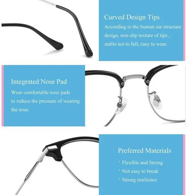 Alt view image 5 of 5 - SooGree Blue Light Blocking Glasses Men Women Anti Blu-Ray Clear Gaming Glasses Half Frame UV 400 Anti Eyestrain Computer (Black Silver)