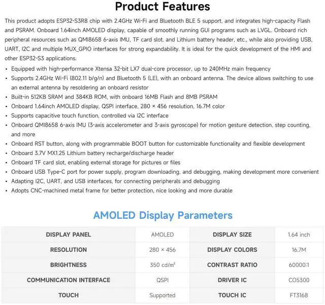 Alt view image 4 of 5 - Waveshare ESP32-S3 1.64inch AMOLED Touch Display Development Board, 280×456, QSPI Interface, 32-bit LX7 Dual-core Processor, Accelerometer & Gyroscope, ESP32 with Display
