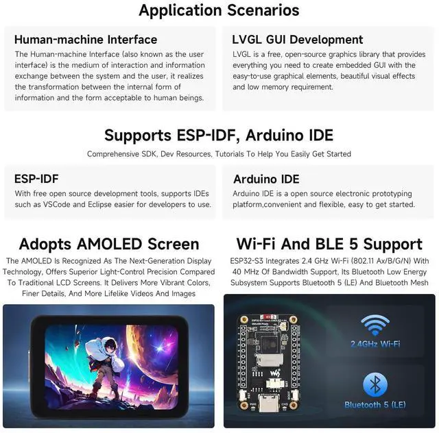 Alt view image 5 of 5 - Waveshare ESP32-S3 1.64inch AMOLED Touch Display Development Board, 280×456, QSPI Interface, 32-bit LX7 Dual-core Processor, Accelerometer & Gyroscope, ESP32 with Display