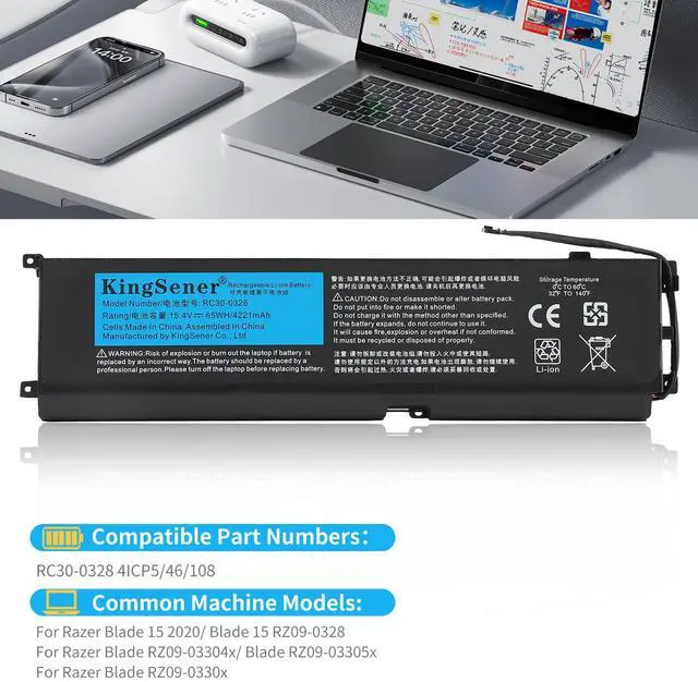 Alt view image 2 of 5 - KingSener RC30-0328 Laptop Battery for Razer Blade 15 2020 RZ09-0328 RZ09-03304x RZ09-03305x RZ09-0330x 15.4V 65Wh 4221mAh