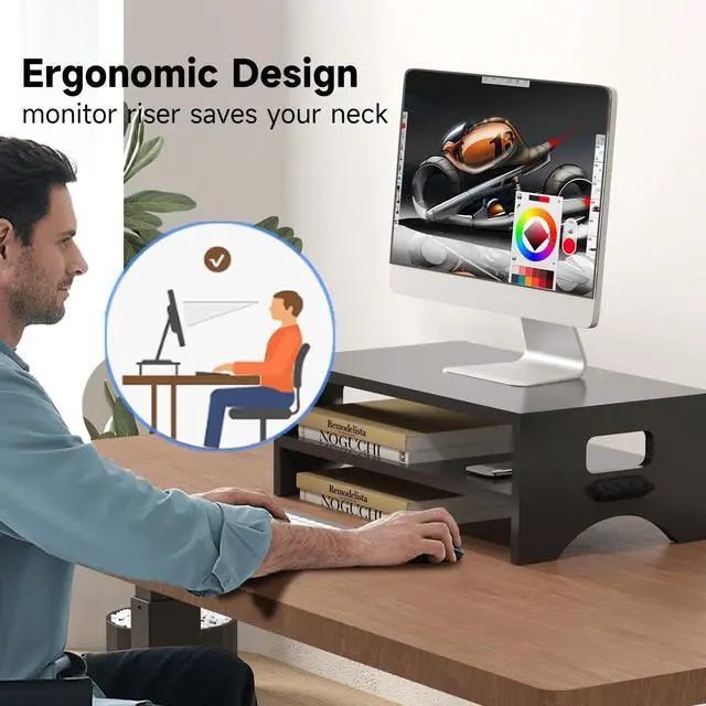 Alt view image 4 of 5 - Pholiten Monitor Stand Riser, Desktop Stand, Computer Stand, Ergonomic Design, Two-Level Design, Desktop Organization, Keyboard Smartphone Storage, Printer Stand, Display Stand, 16.5 x 9.3 x 5.6