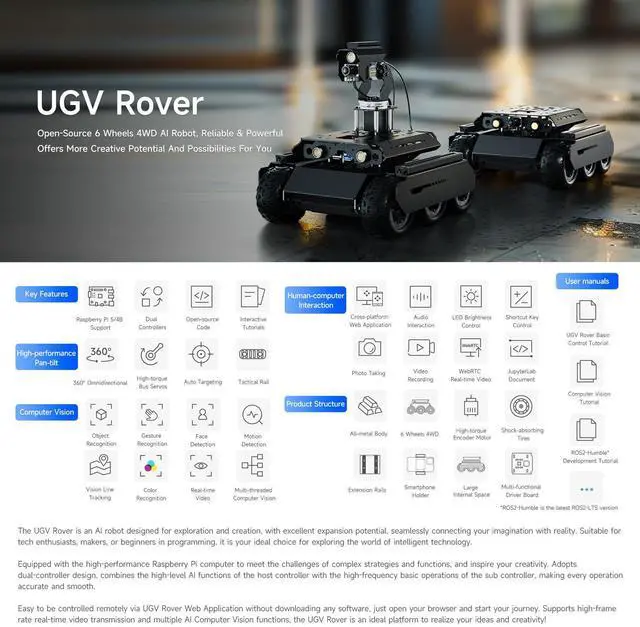 Alt view image 3 of 5 - Waveshare UGV Rover Open-Source 6 Wheels 4WD AI Robot, Compatible with Raspberry Pi 4B, Dual Controllers, Computer Vision, PI4B-4GB NOT Included