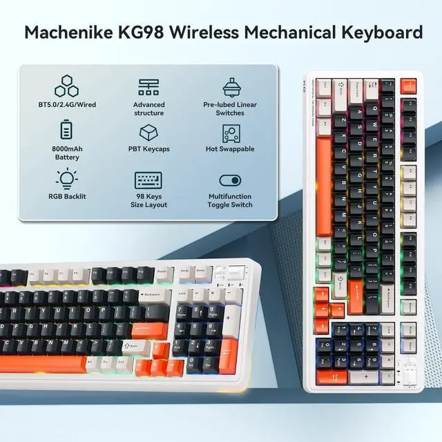 Alt view image 2 of 5 - Machenike KG98 Mechanical Keyboard,Hot Swappable Custom Gaming Keyboard,Pre-lubed Linear Switches,RGB Sidelit,Tri-Mode 98 Keys Compact Layout for Gaming/Typing/Win/Mac/PC