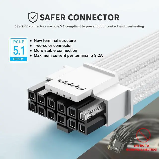 Alt view image 3 of 5 - SIRLYR 12V-2×6 PCIE 5.1 GPU Cable, 16 Pin 12VHPWR PSU Cable for ATX 3.1/3.0 Power Supply,600W Output for RTX 40/50 Series PC Setup 70cm White Nylon Braided with Alloy Wire Combs