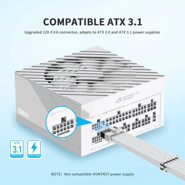 Alt view image 2 of 5 - SIRLYR 12V-2×6 PCIE 5.1 GPU Cable, 16 Pin 12VHPWR PSU Cable for ATX 3.1/3.0 Power Supply,600W Output for RTX 40/50 Series PC Setup 70cm White Nylon Braided with Alloy Wire Combs