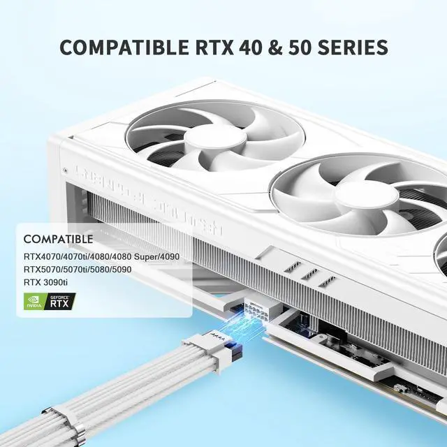 Alt view image 4 of 5 - SIRLYR 12V-2×6 PCIE 5.1 GPU Cable, 16 Pin 12VHPWR PSU Cable for ATX 3.1/3.0 Power Supply,600W Output for RTX 40/50 Series PC Setup 70cm White Nylon Braided with Alloy Wire Combs