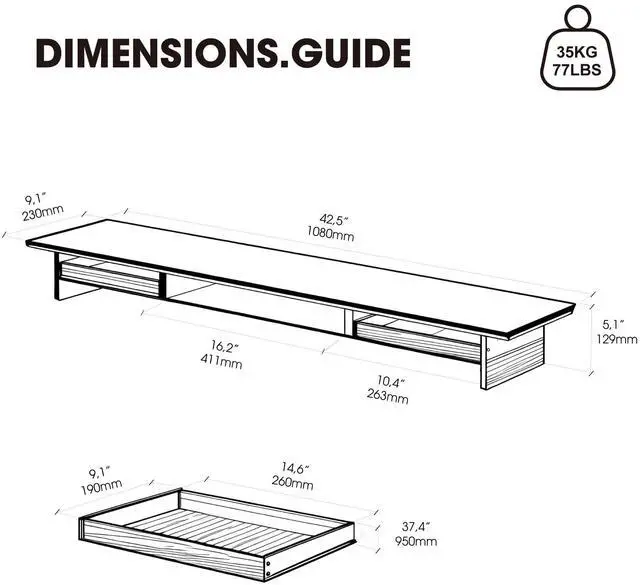 Alt view image 3 of 5 - Fenge Acrylic Monitor Stand, 2 Tier Dual Monitor Riser with Solid Wood Drawers, 42.5 Inch Computer Stand for Two 27 Inch Monitors, Desk Shelf for PC, Laptop, Printer, TV, Black
