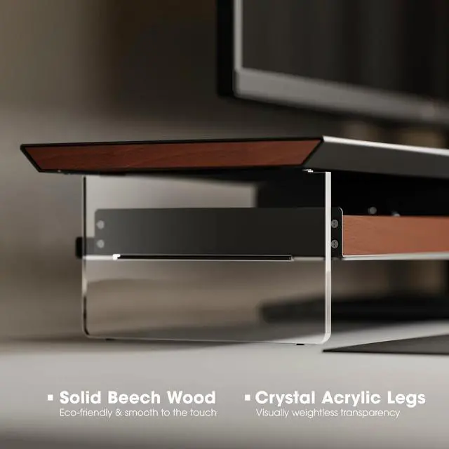 Alt view image 5 of 5 - Fenge Acrylic Monitor Stand, 2 Tier Dual Monitor Riser with Solid Wood Drawers, 42.5 Inch Computer Stand for Two 27 Inch Monitors, Desk Shelf for PC, Laptop, Printer, TV, Black