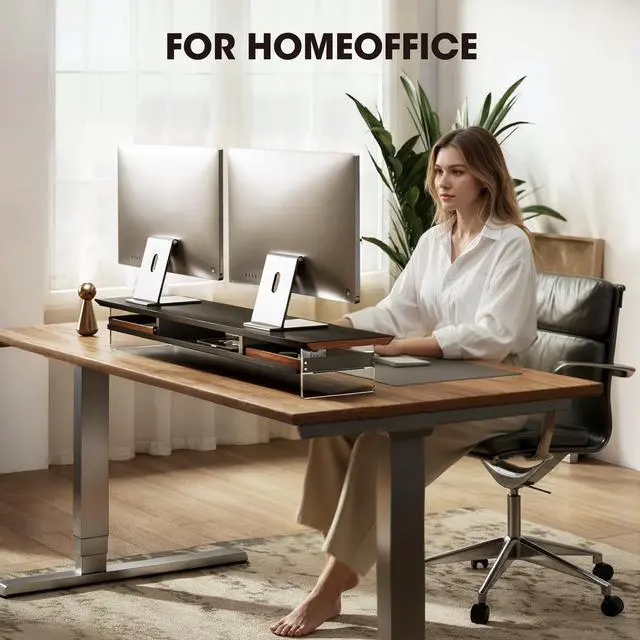 Alt view image 4 of 5 - Fenge Acrylic Monitor Stand, 2 Tier Dual Monitor Riser with Solid Wood Drawers, 42.5 Inch Computer Stand for Two 27 Inch Monitors, Desk Shelf for PC, Laptop, Printer, TV, Black