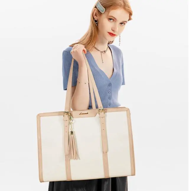 Alt view image 2 of 5 - LOVEVOOK Laptop Bag for Women 15.6 inch Lightweight Canvas Laptop Tote Bag, Large Capacity Computer bag with Clutch Purse for Business, Work, Office, Travel, SchoolPearl White & Beige15.6 Inch