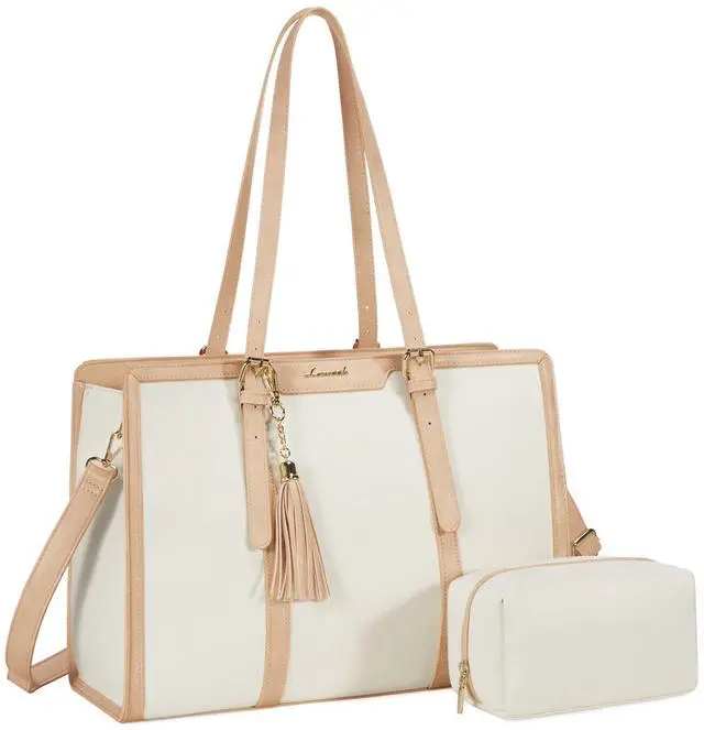 Main image of LOVEVOOK Laptop Bag for Women 15.6 inch Lightweight Canvas Laptop Tote Bag, Large Capacity Computer bag with Clutch Purse for Business, Work, Office, Travel, SchoolPearl White & Beige15.6 Inch
