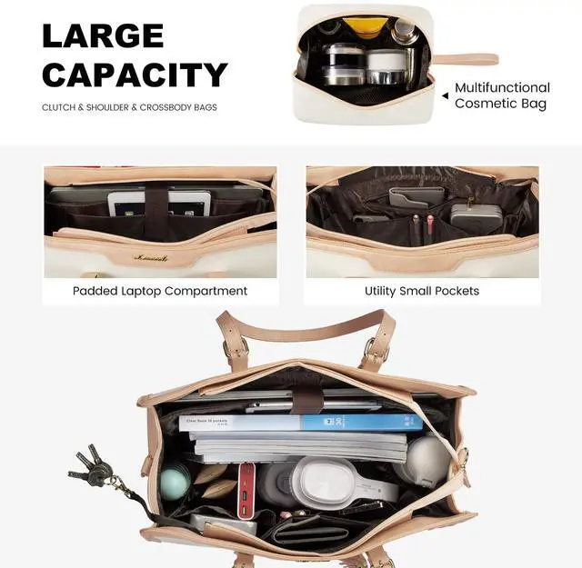 Alt view image 3 of 5 - LOVEVOOK Laptop Bag for Women 15.6 inch Lightweight Canvas Laptop Tote Bag, Large Capacity Computer bag with Clutch Purse for Business, Work, Office, Travel, SchoolPearl White & Beige15.6 Inch