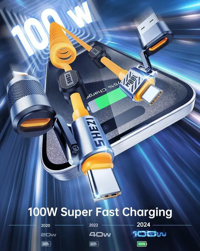 Alt view image 3 of 4 - Vexipia 4-in-1 Coiled USB C Cable for Car 5FT [100W Fast Charging] Compatible with Lightning Cable [CarPlay & Android Auto] Multi Charger Cord Combo with L/Type C/USB A Ports for iPhone/iPad (Yellow)