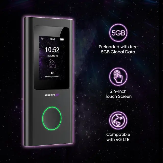 Alt view image 2 of 5 - TravelWifi Sapphire 5G Mobile Hotspot, Portable WiFi Hotspot for Travel, CloudSIM Technology, Large Touch Screen, Network Congestion Monitoring, Preloaded 5GB Free Global Data, Optional Sim Card Slot