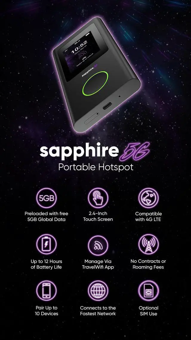 Alt view image 5 of 5 - TravelWifi Sapphire 5G Mobile Hotspot, Portable WiFi Hotspot for Travel, CloudSIM Technology, Large Touch Screen, Network Congestion Monitoring, Preloaded 5GB Free Global Data, Optional Sim Card Slot