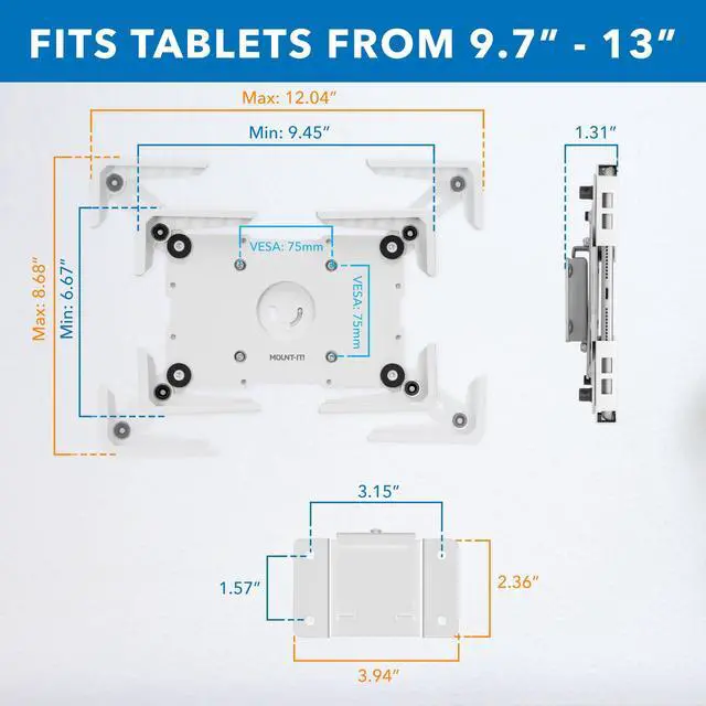 Alt view image 5 of 5 - Mount-It! Universal Tablet Wall Mount, Anti-Theft iPad Mount, Enclosure Fits Tablets from 9.7" to 13" Screen Size, Flush Wall Mounting Kiosk, Durable Steel Design, White