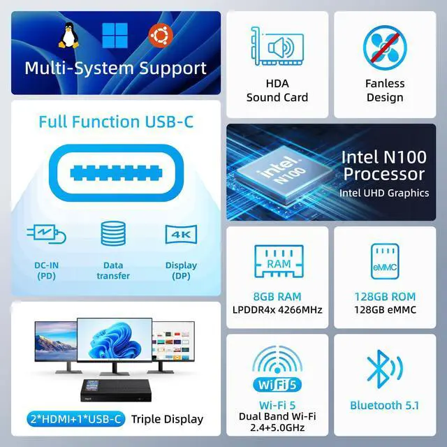 Alt view image 3 of 5 - MeLE Mini PC Quieter 4C N100 NO OS Fanless Mini Computers, 8GB RAM, 128GB Storage, 2.4/5G Wi-Fi, Full-Functional USB-C, 4K Triple Display Desktop on Home, Office, Education, Astrophotography