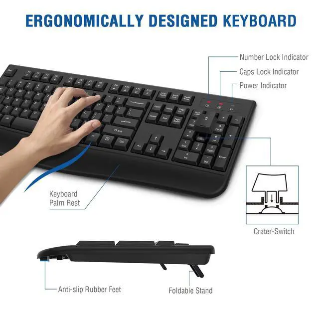 Alt view image 2 of 5 - EDJO Wireless Keyboard, 2.4G Ergonomic Full Size Wireless Computer Keyboard with Wrist Rest for Windows, Mac OS Desktop/Laptop/PCBlack