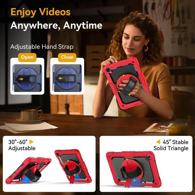 Alt view image 2 of 5 - Case for Samsung Galaxy Tab A9+/A9 Plus 11 Inch 2023(SM-X210/X216/X218), Ubearkk Full-Body Drop Protection Case with Screen Protector, 360° Rotating Stand and Hand/Shoulder Strap, Red