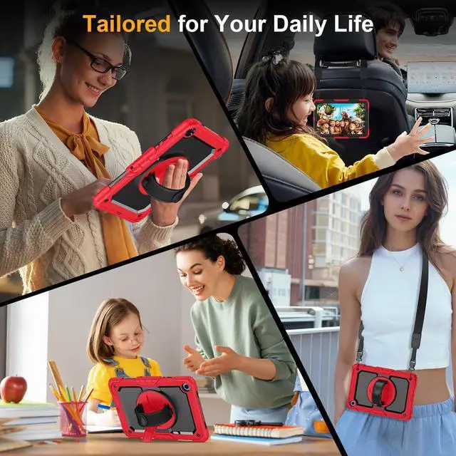 Alt view image 4 of 5 - Case for Samsung Galaxy Tab A9+/A9 Plus 11 Inch 2023(SM-X210/X216/X218), Ubearkk Full-Body Drop Protection Case with Screen Protector, 360° Rotating Stand and Hand/Shoulder Strap, Red